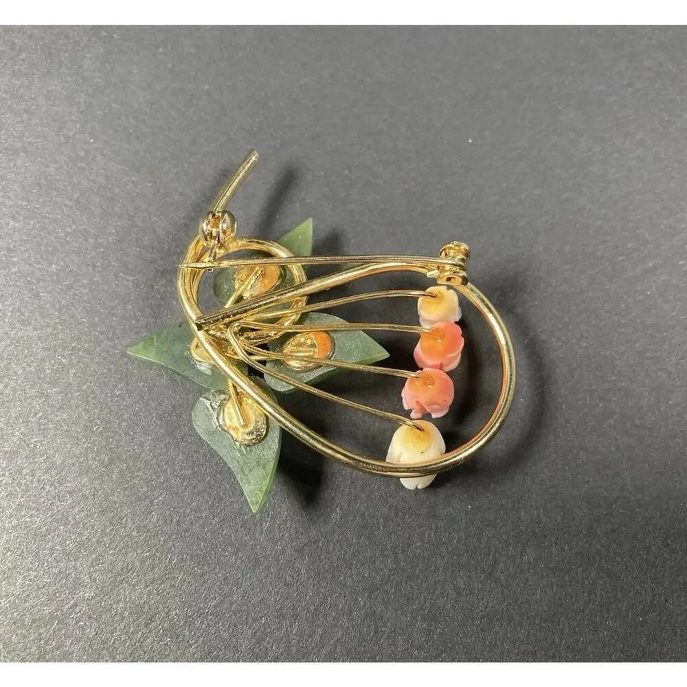 Vintage Faux Jade & Coral White Carved Rose Buds Gold Tone Pin Brooch